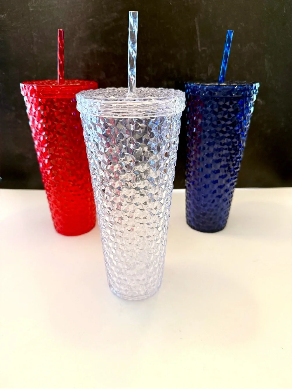 Patriotic Red, Clear & Blue Studded Tumbler Set with Star Plates and napkins